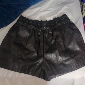 High Waisted Wide Leg Black Faux Leather Shorts- XXL